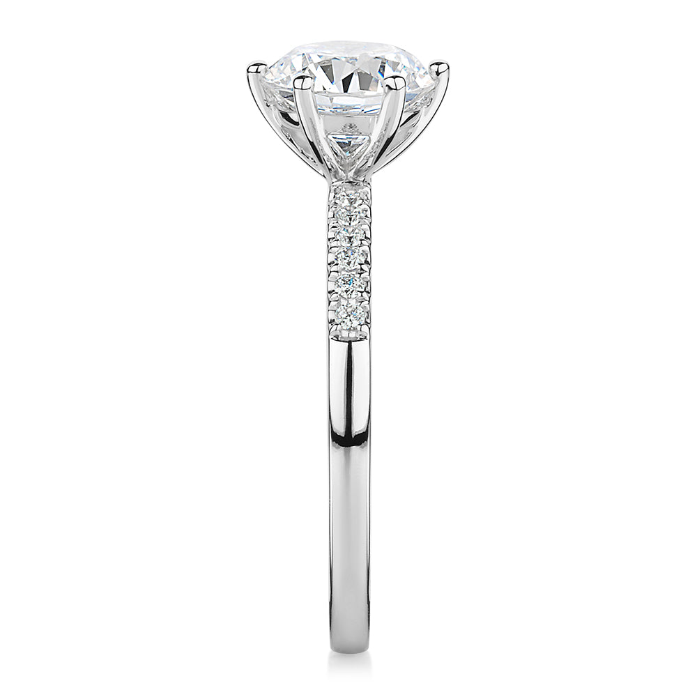 Round Brilliant shouldered engagement ring with 1.67 carats* of diamond simulants in 14 carat white gold