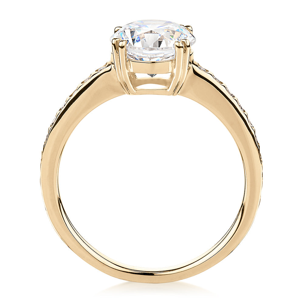 Round Brilliant shouldered engagement ring with 2.17 carats* of diamond simulants in 14 carat yellow gold