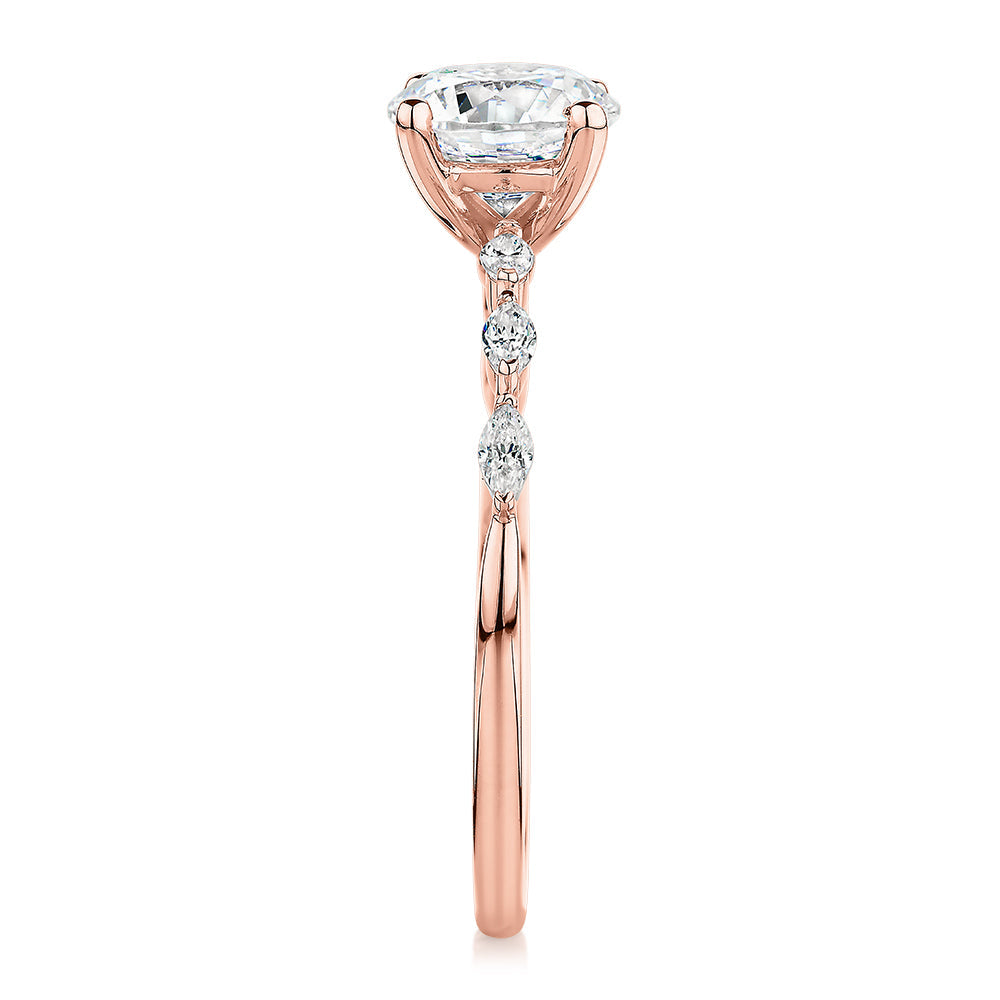 Round Brilliant shouldered engagement ring with 1.18 carats* of diamond simulants in 14 carat rose gold
