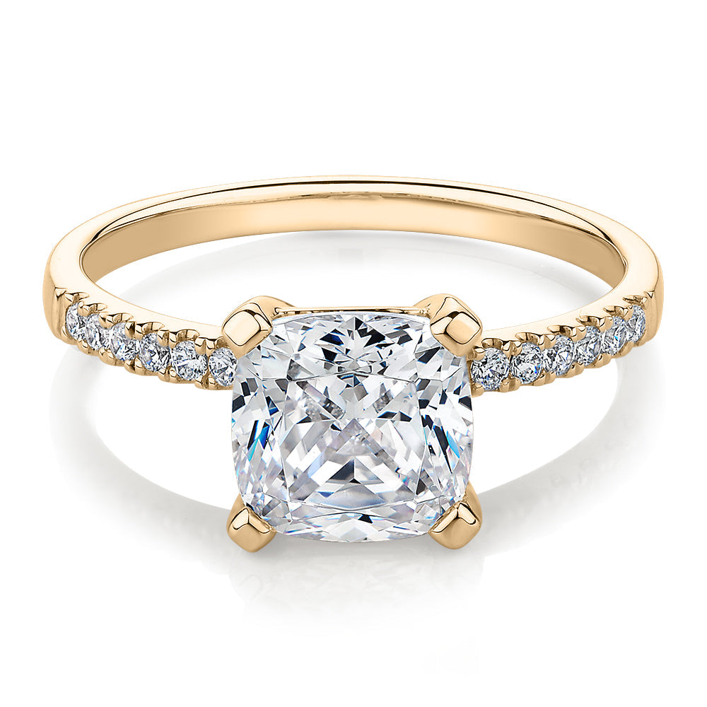 Cushion and Round Brilliant shouldered engagement ring with 1.79 carats* of diamond simulants in 14 carat yellow gold