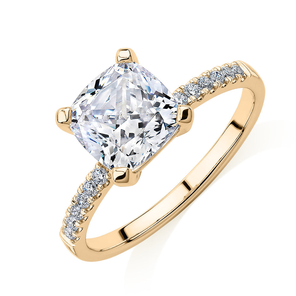Cushion and Round Brilliant shouldered engagement ring with 1.79 carats* of diamond simulants in 14 carat yellow gold