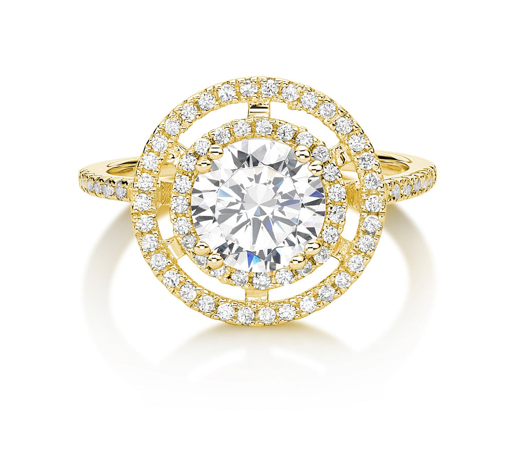 Small Round Double Halo Ring in Yellow Gold