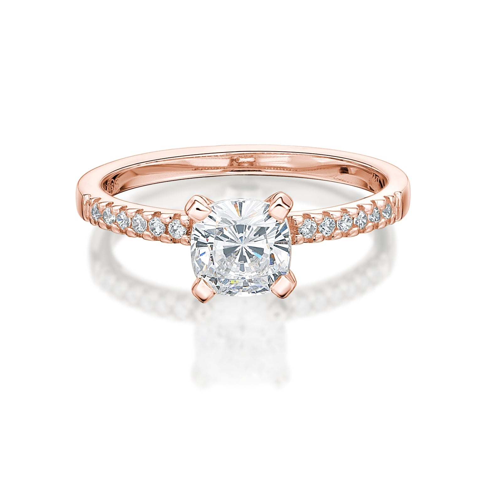 Cushion and Round Brilliant shouldered engagement ring with 1.33 carats* of diamond simulants in 14 carat rose gold