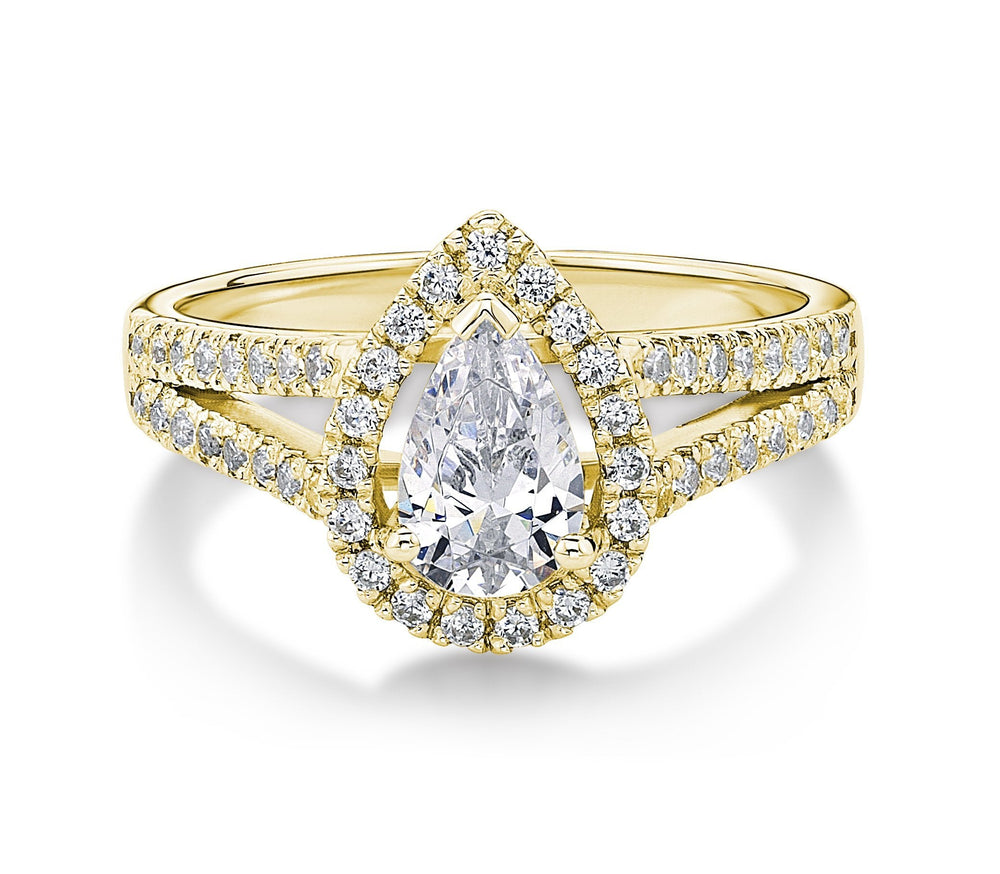 Pear and Round Brilliant halo engagement ring with 1.16 carats* of diamond simulants in 14 carat yellow gold
