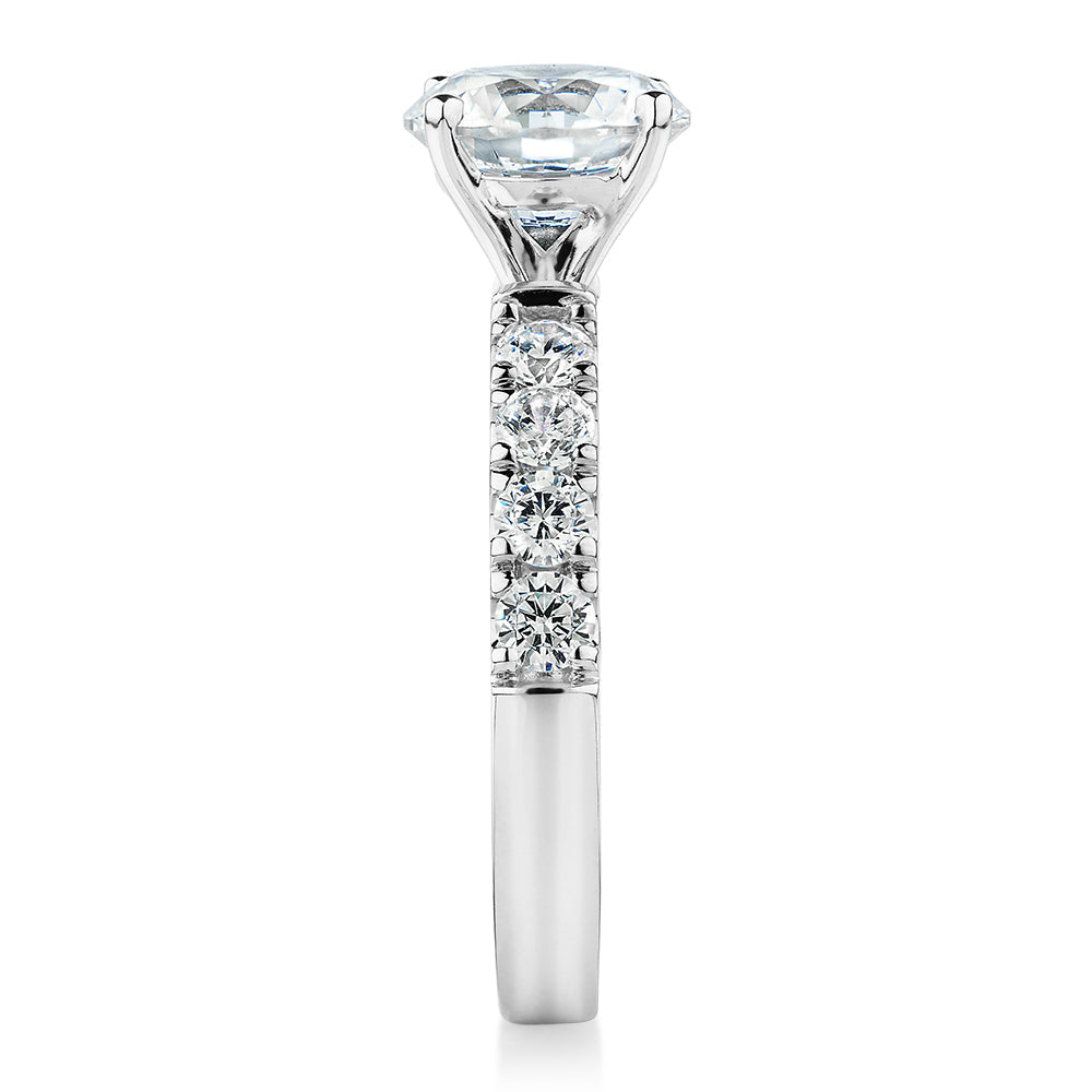 Round Brilliant shouldered engagement ring with 2.68 carats* of diamond simulants in 14 carat white gold