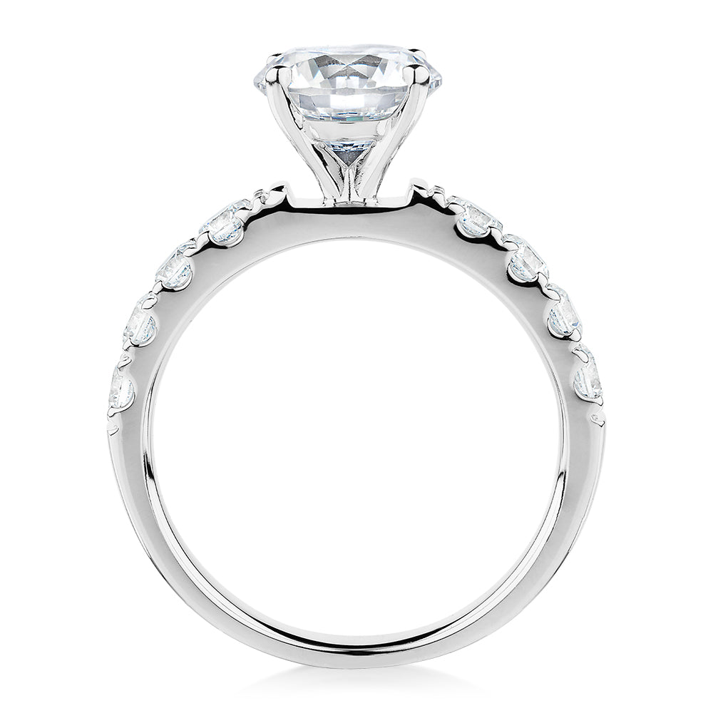 Round Brilliant shouldered engagement ring with 2.68 carats* of diamond simulants in 14 carat white gold