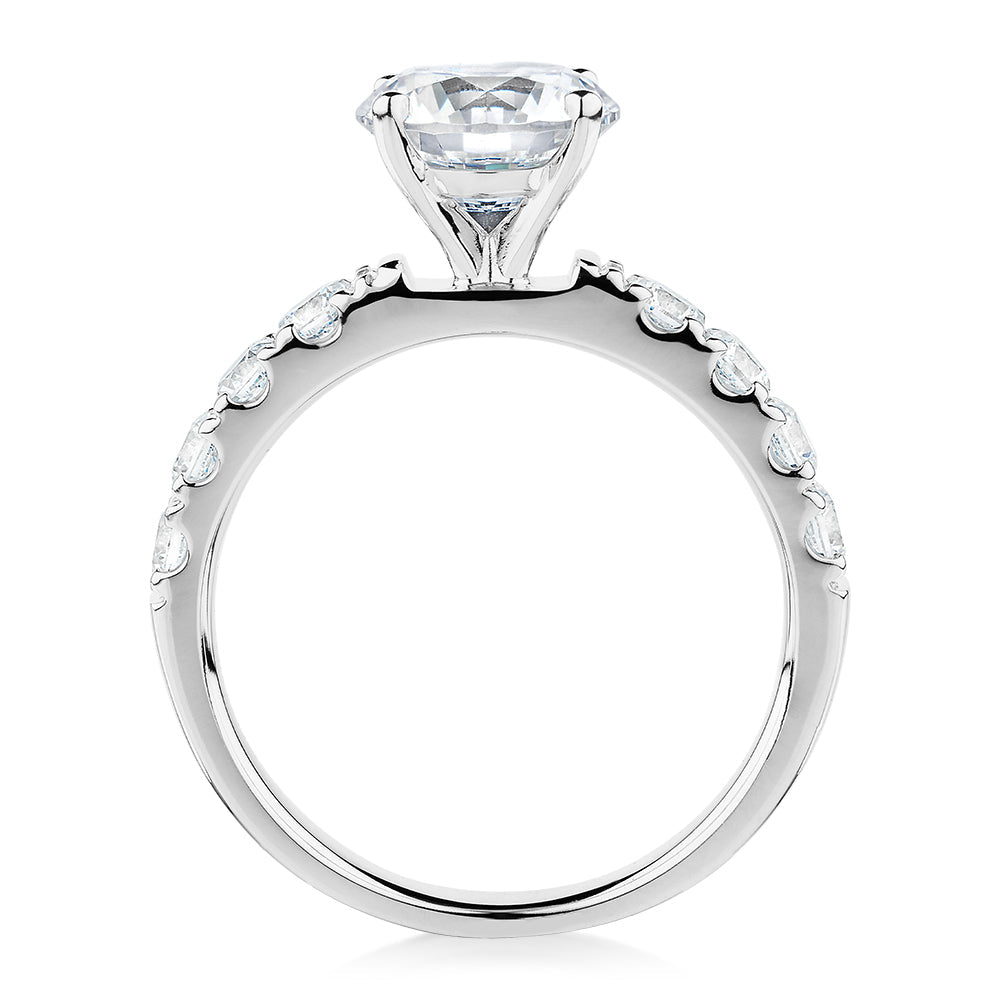 Round Brilliant shouldered engagement ring with 2.68 carats* of diamond simulants in 14 carat white gold