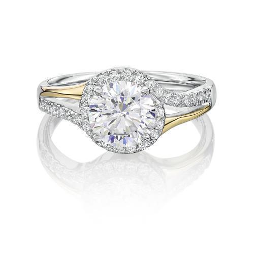 Round Brilliant halo engagement ring with 1.95 carats* of diamond simulants in 14 carat yellow and white gold