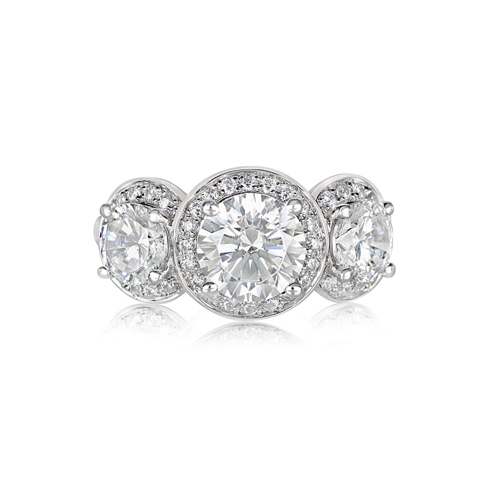 Round Brilliant Cut with grain set Halo Three Stone Ring in White Gold