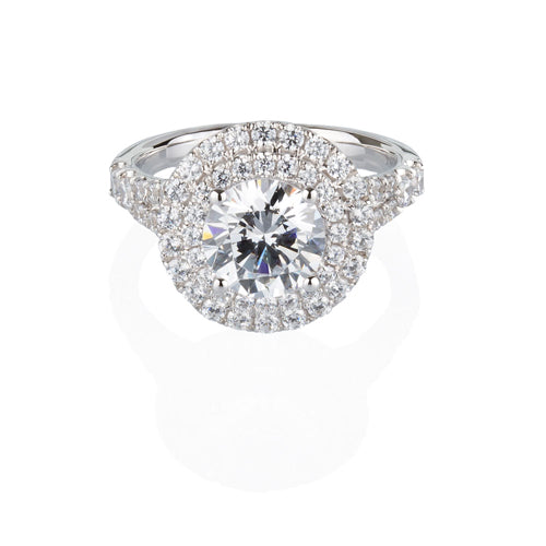 Round Brilliant halo engagement ring with 2.87 carats* of diamond simulants in 10 carat white gold
