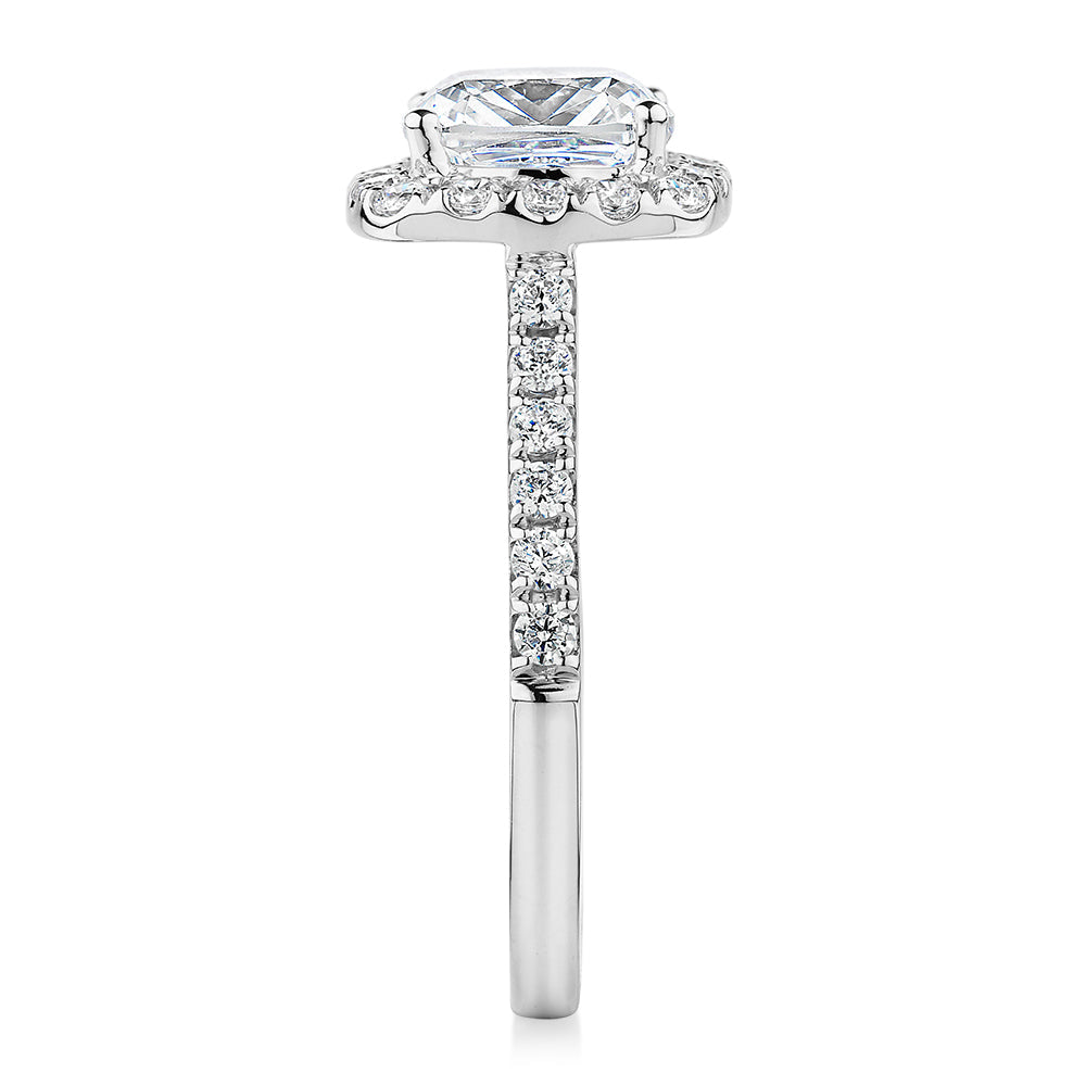 Cushion and Round Brilliant halo engagement ring with 2.09 carats* of diamond simulants in 10 carat white gold