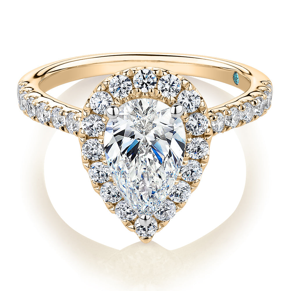 Premium Certified Lab-Grown Diamond 2.17 carat TW pear and round brilliant halo shouldered engagement ring in 14 carat yellow and white gold
