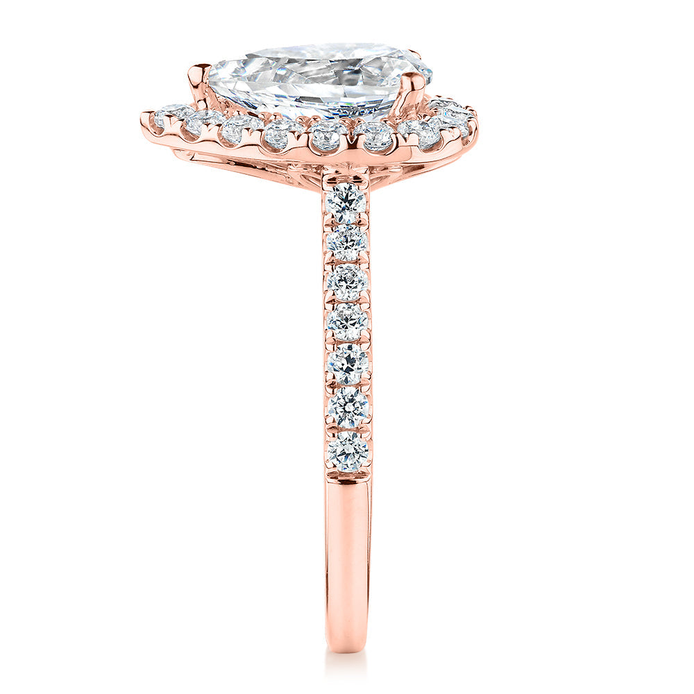 Premium Certified Lab-Grown Diamond 2.17 carat TW pear and round brilliant halo shouldered engagement ring in 14 carat rose gold