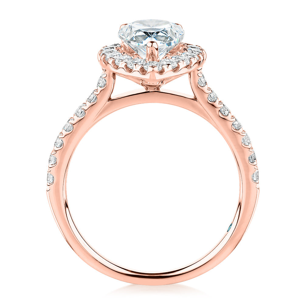 Premium Certified Lab-Grown Diamond 2.17 carat TW pear and round brilliant halo shouldered engagement ring in 14 carat rose gold