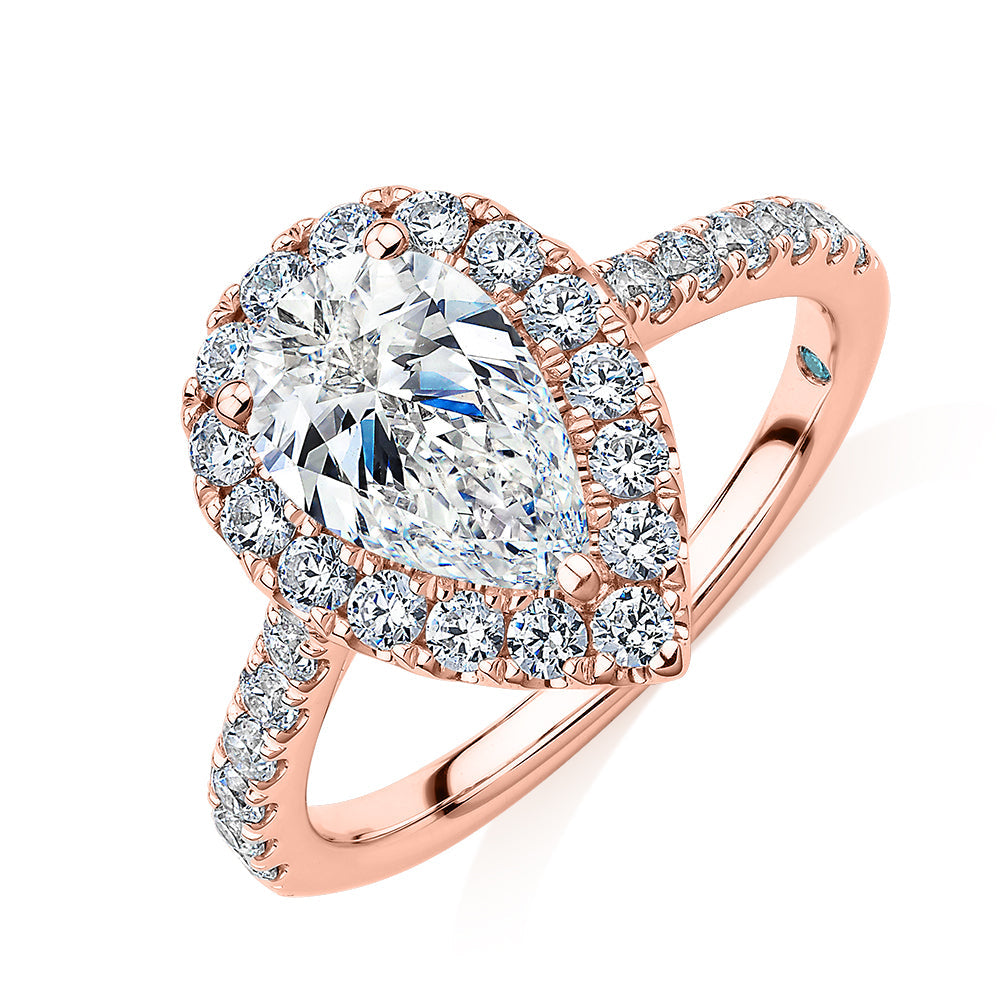 Premium Certified Lab-Grown Diamond 2.17 carat TW pear and round brilliant halo shouldered engagement ring in 14 carat rose gold