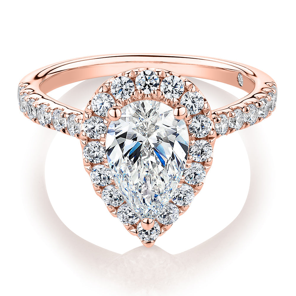 Signature Simulant Diamond 2.17 carat* TW pear and round brilliant shouldered halo engagement ring in 10 carat rose gold