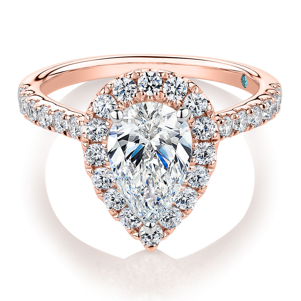 Premium Certified Lab-Grown Diamond 2.17 carat TW pear and round brilliant halo shouldered engagement ring in 14 carat rose and white gold