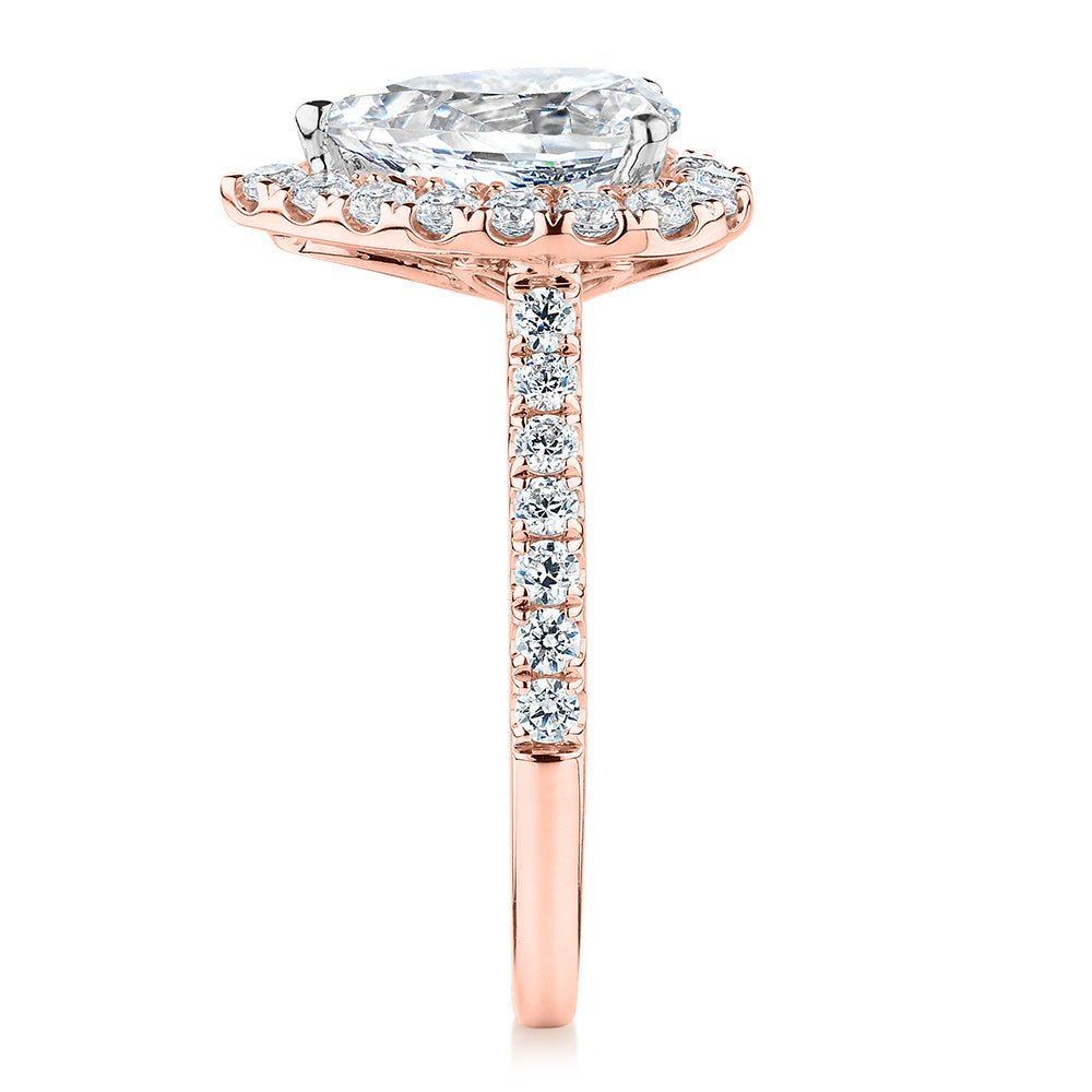 Premium Certified Lab-Grown Diamond 2.17 carat TW pear and round brilliant halo shouldered engagement ring in 14 carat rose and white gold