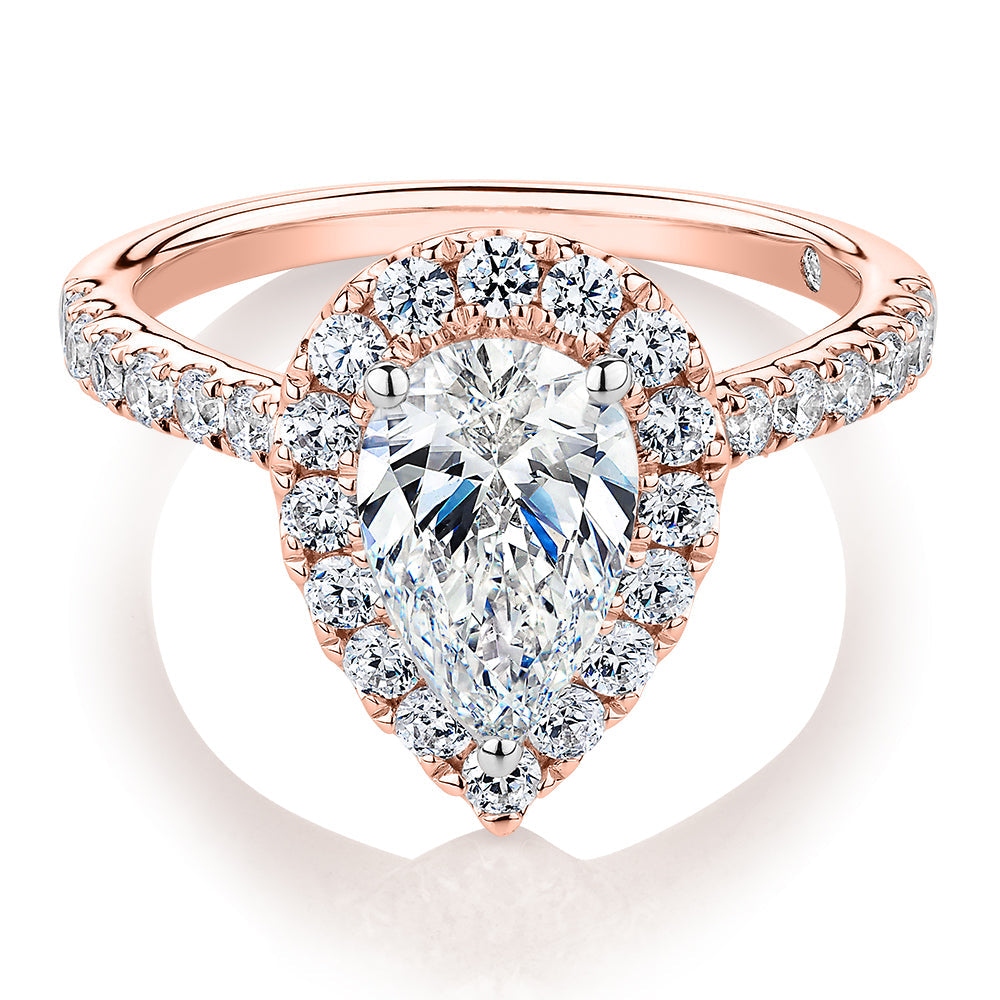 Signature Simulant Diamond 2.17 carat* TW pear and round brilliant shouldered halo engagement ring in 10 carat rose and white gold