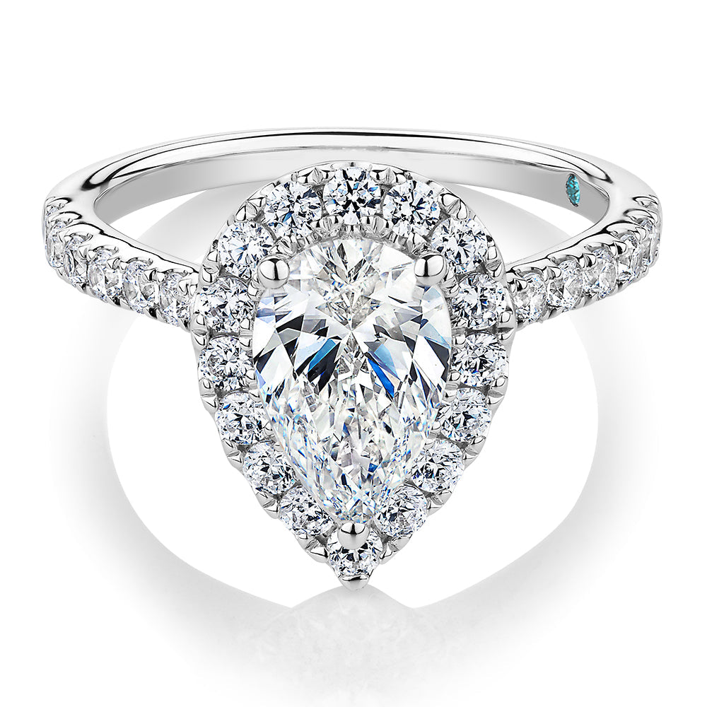 Premium Certified Lab-Grown Diamond, 2.17 carat TW pear and round brilliant halo engagement ring in