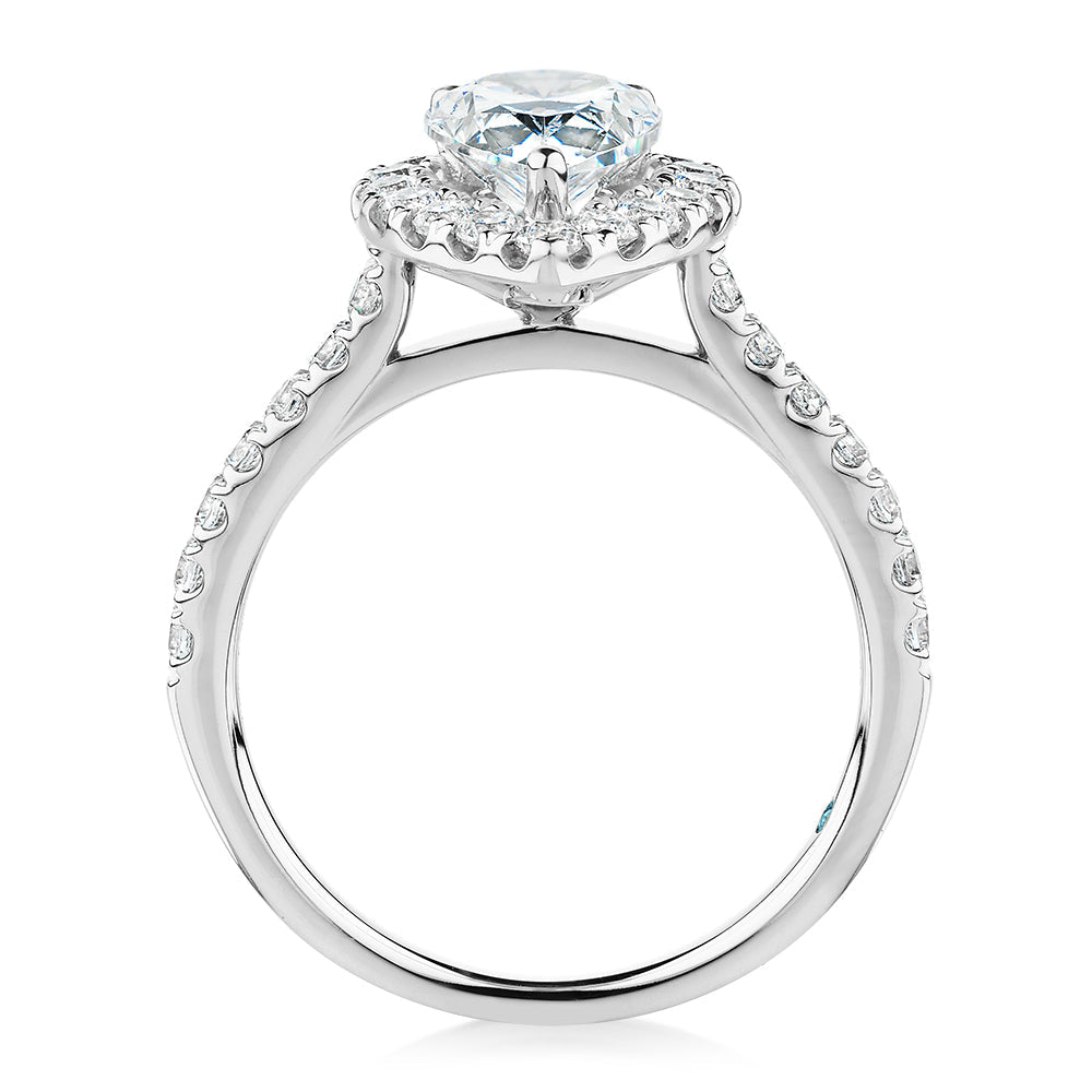 Premium Certified Lab-Grown Diamond, 2.17 carat TW pear and round brilliant halo engagement ring in