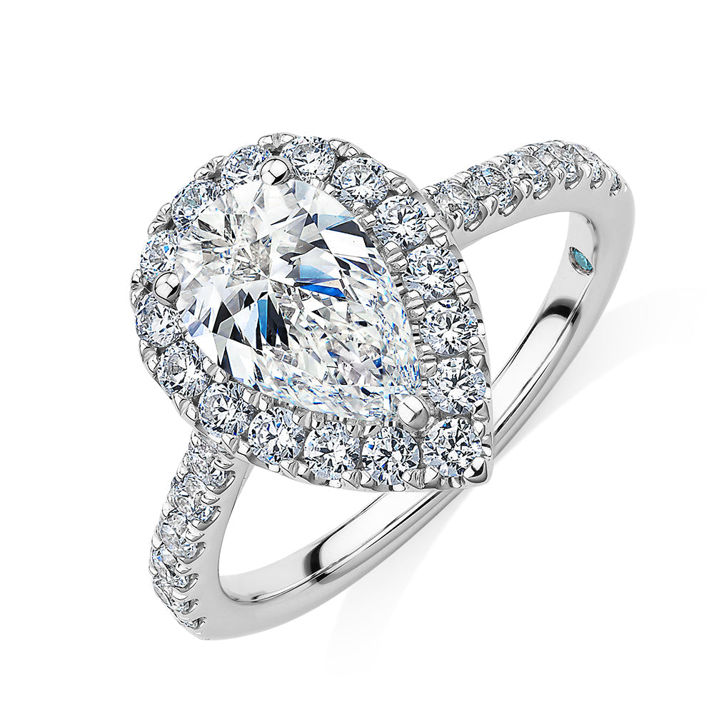 Premium Certified Lab-Grown Diamond, 2.17 carat TW pear and round brilliant halo engagement ring in
