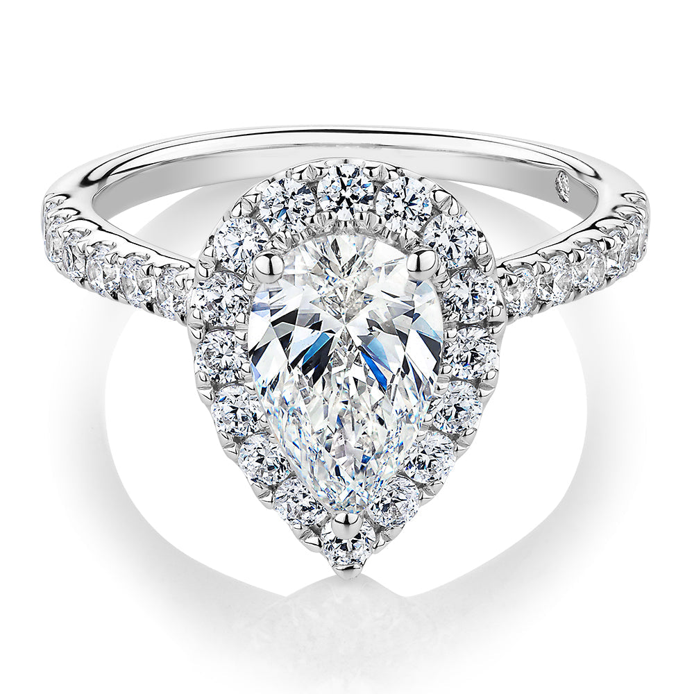 Signature Simulant Diamond 2.17 carat* TW pear and round brilliant shouldered halo engagement ring in 14 carat white gold