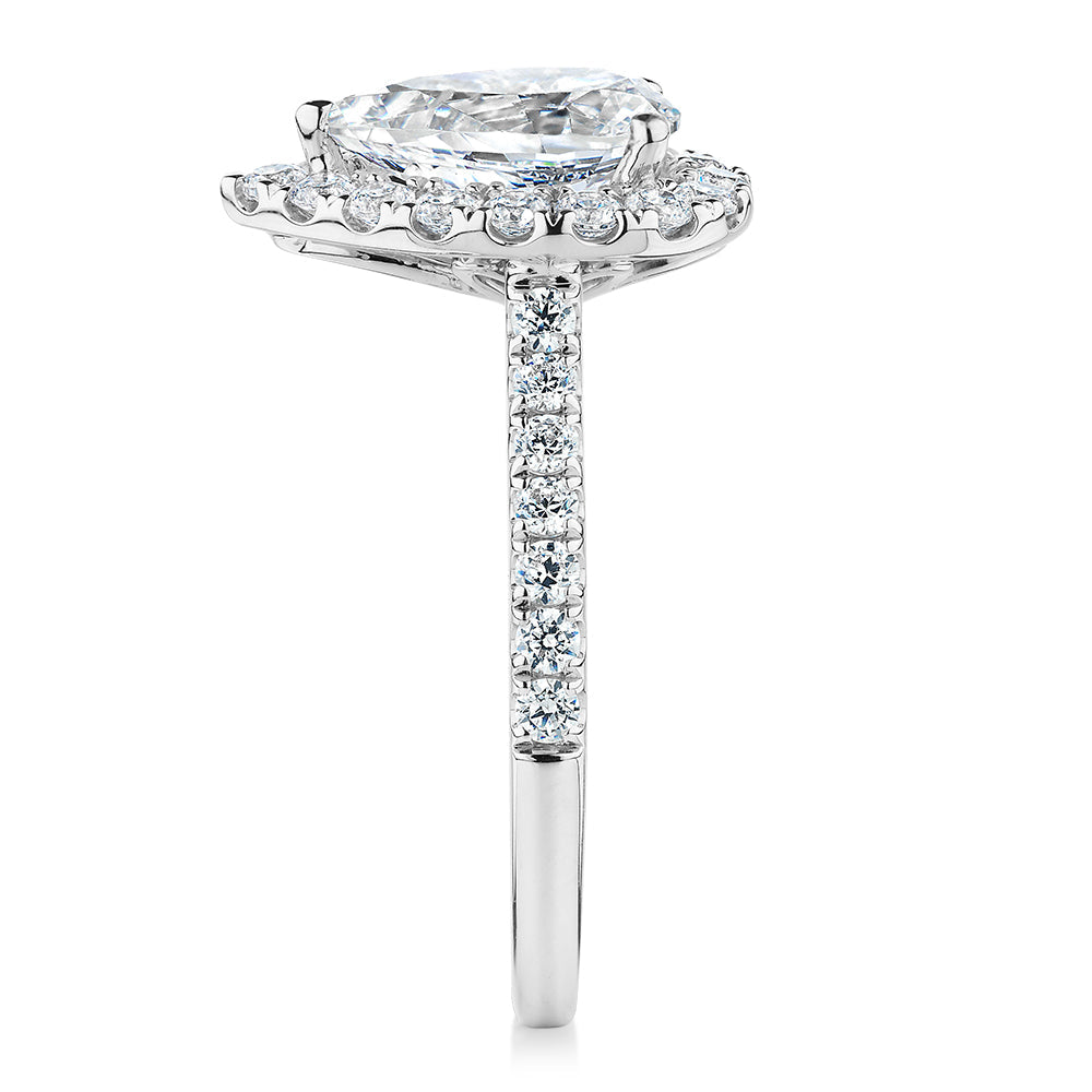 Signature Simulant Diamond 2.17 carat* TW pear and round brilliant shouldered halo engagement ring in 14 carat white gold