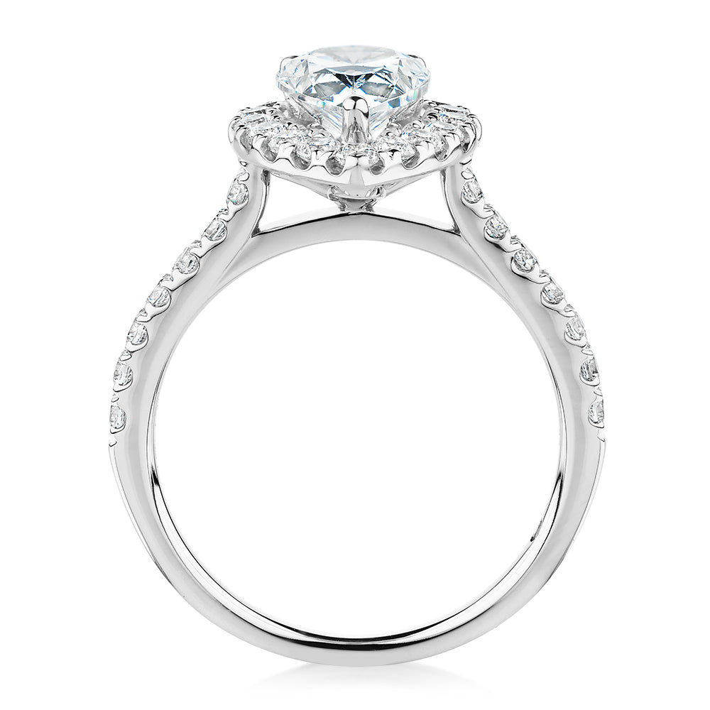Signature Simulant Diamond 2.17 carat* TW pear and round brilliant shouldered halo engagement ring in 14 carat white gold