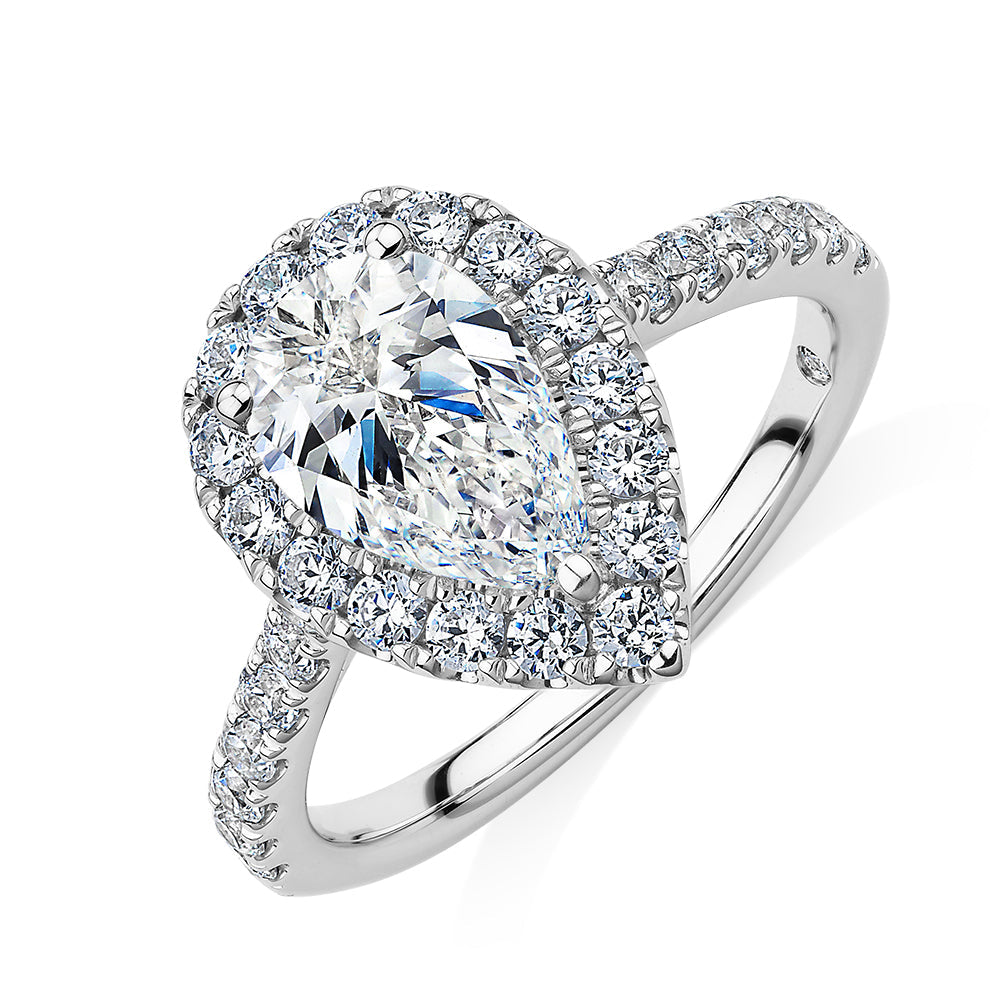 Signature Simulant Diamond 2.17 carat* TW pear and round brilliant shouldered halo engagement ring in 14 carat white gold