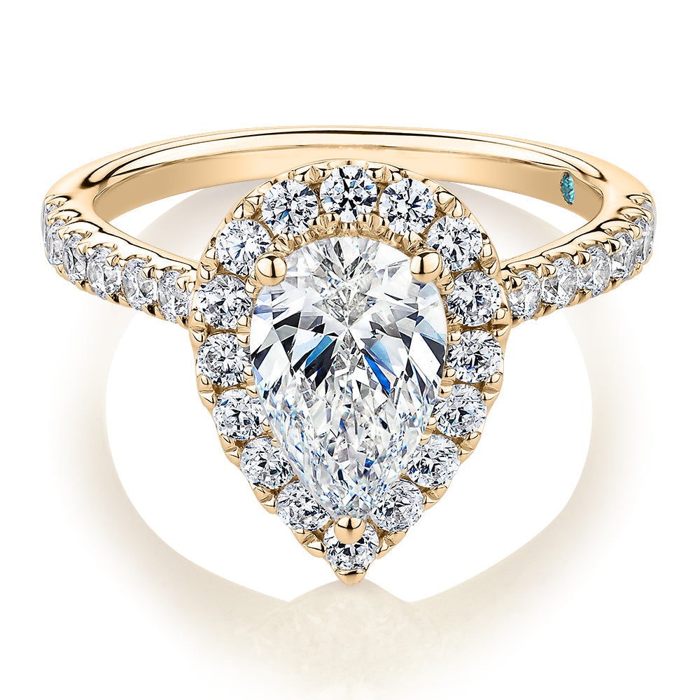 Premium Certified Lab-Grown Diamond 2.17 carat TW pear and round brilliant halo shouldered engagement ring in 14 carat yellow gold