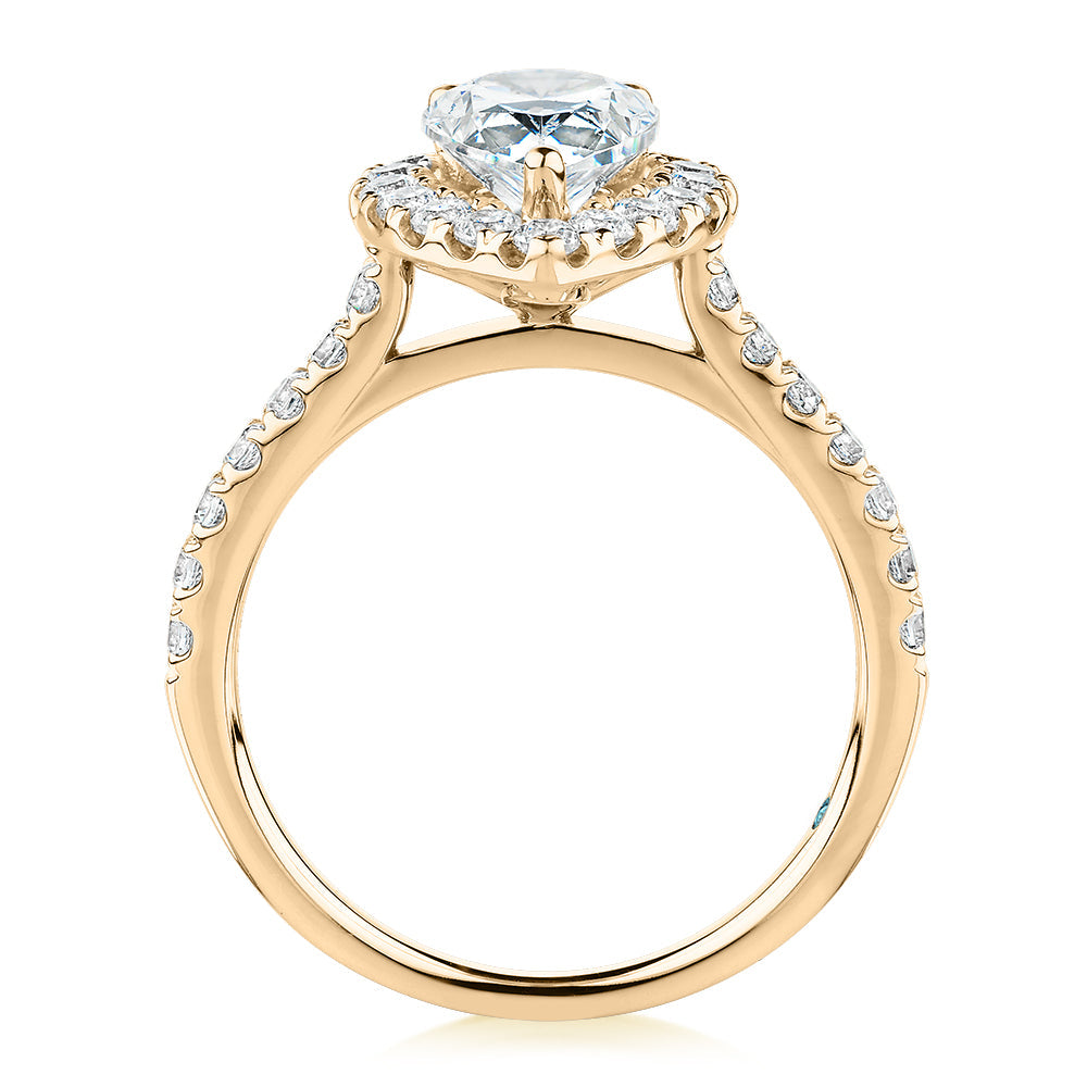 Premium Certified Lab-Grown Diamond 2.17 carat TW pear and round brilliant halo shouldered engagement ring in 14 carat yellow gold