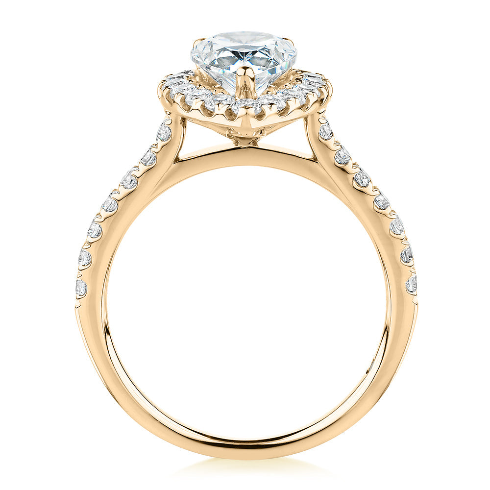 Signature Simulant Diamond 2.17 carat* TW pear and round brilliant shouldered halo engagement ring in 10 carat yellow gold