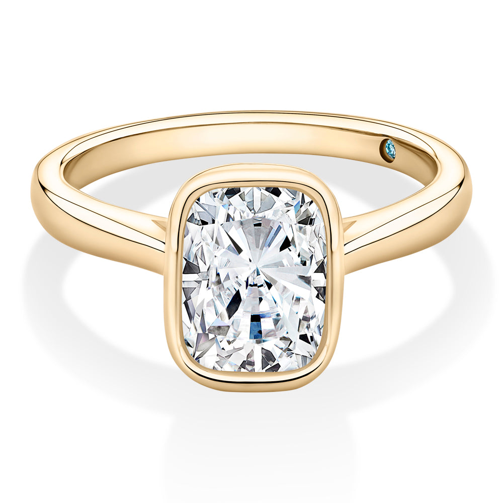 Certified Lab-Grown Diamond, 2 carat elongated cushion solitaire engagement ring in 14 carat yellow gold