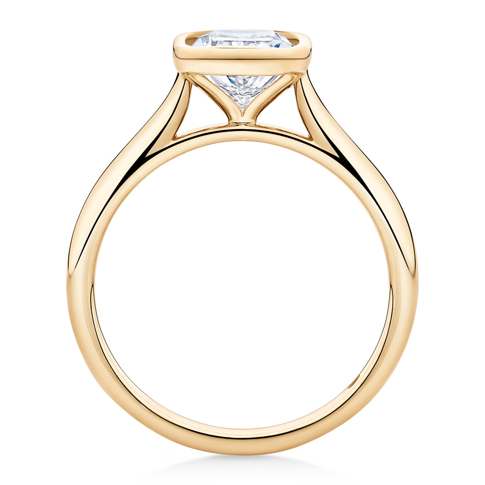 Certified Lab-Grown Diamond, 2 carat elongated cushion solitaire engagement ring in 14 carat yellow gold