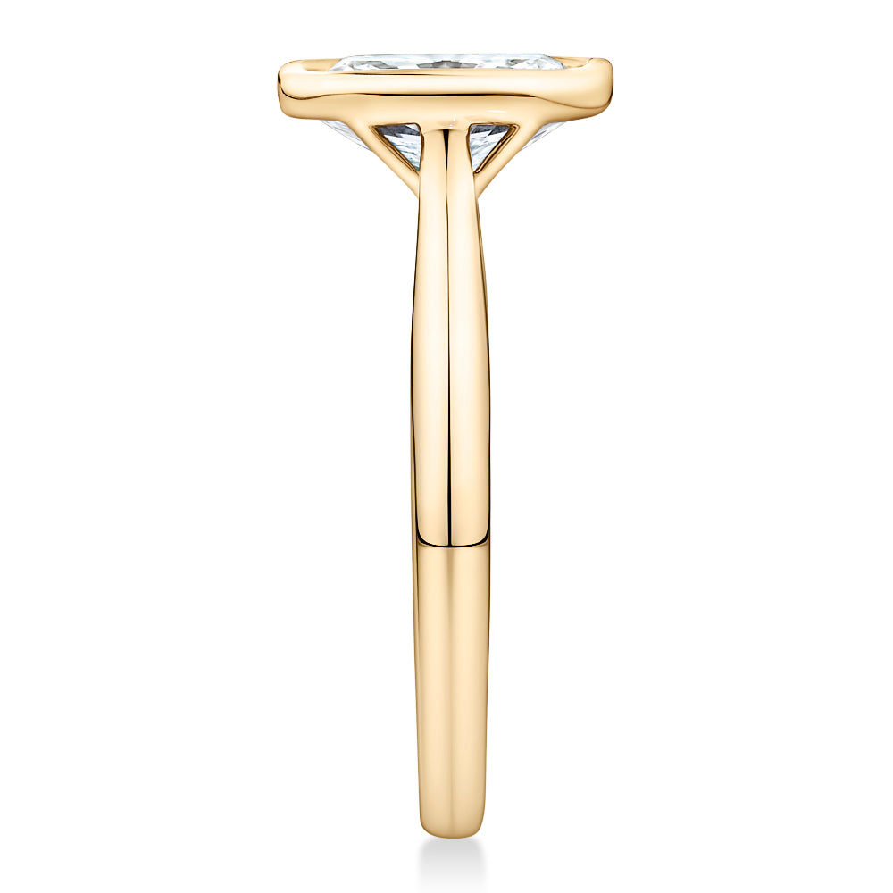 Certified Lab-Grown Diamond, 2 carat elongated cushion solitaire engagement ring in 14 carat yellow gold