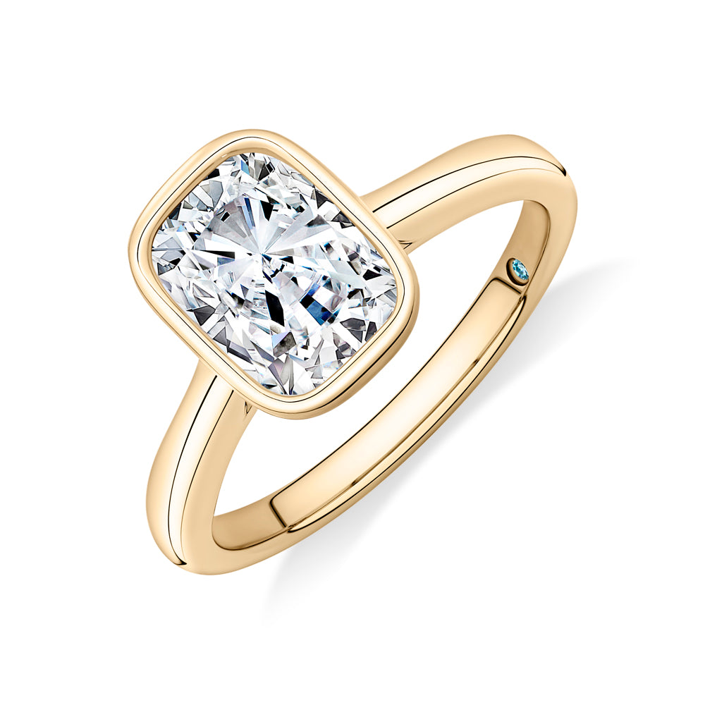 Certified Lab-Grown Diamond, 2 carat elongated cushion solitaire engagement ring in 14 carat yellow gold