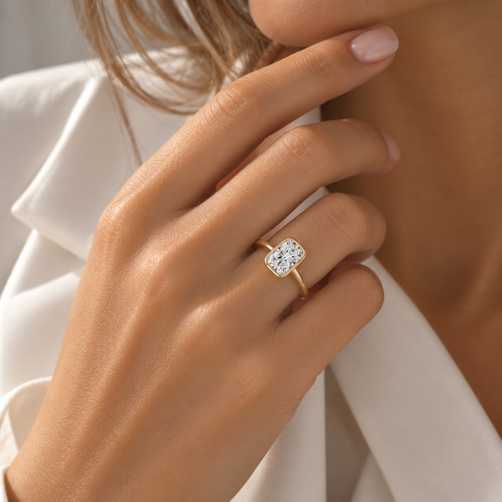 Certified Lab-Grown Diamond, 2 carat elongated cushion solitaire engagement ring in 14 carat yellow gold