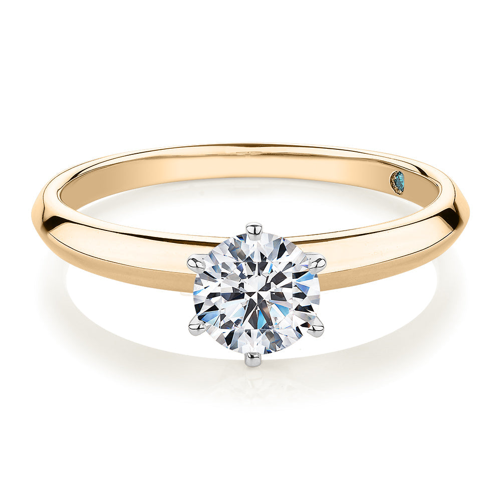 Premium Certified Laboratory Created Diamond, 0.70 carat round brilliant solitaire engagement ring in 14 carat yellow and white gold