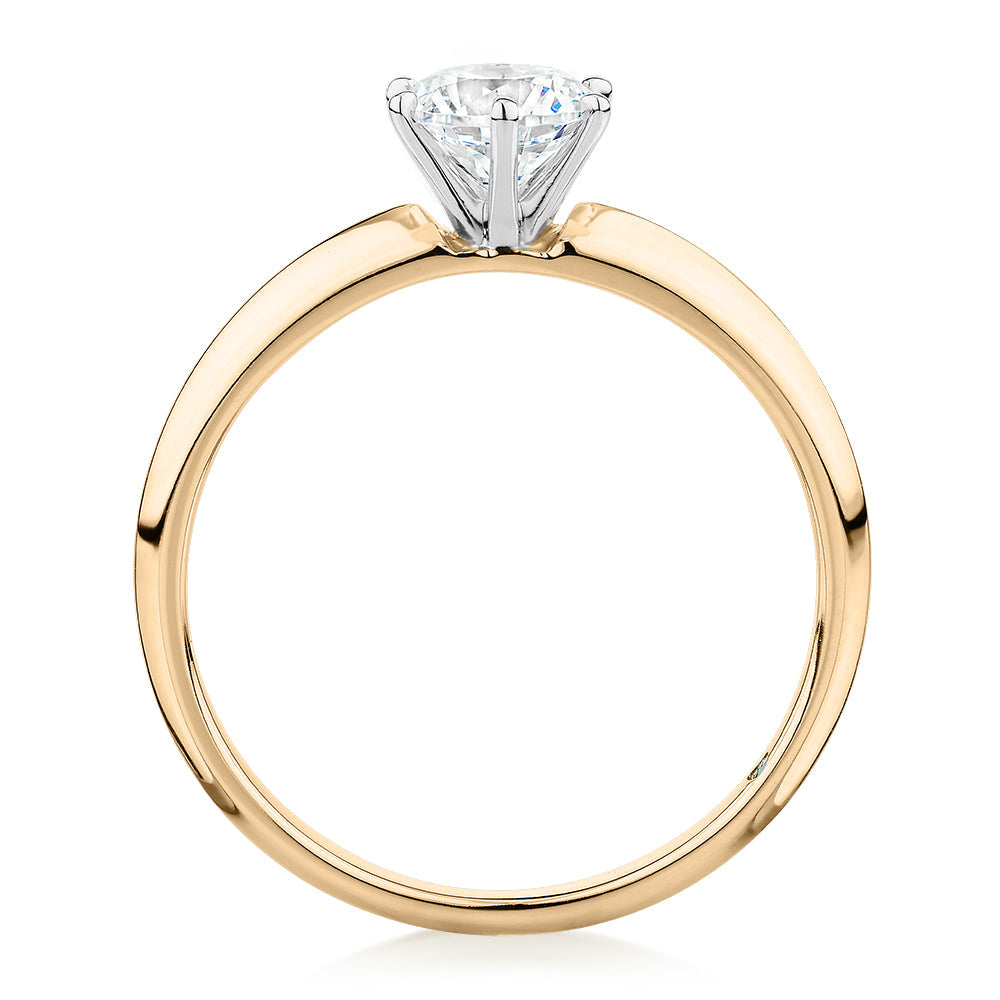 Premium Certified Laboratory Created Diamond, 0.70 carat round brilliant solitaire engagement ring in 14 carat yellow and white gold
