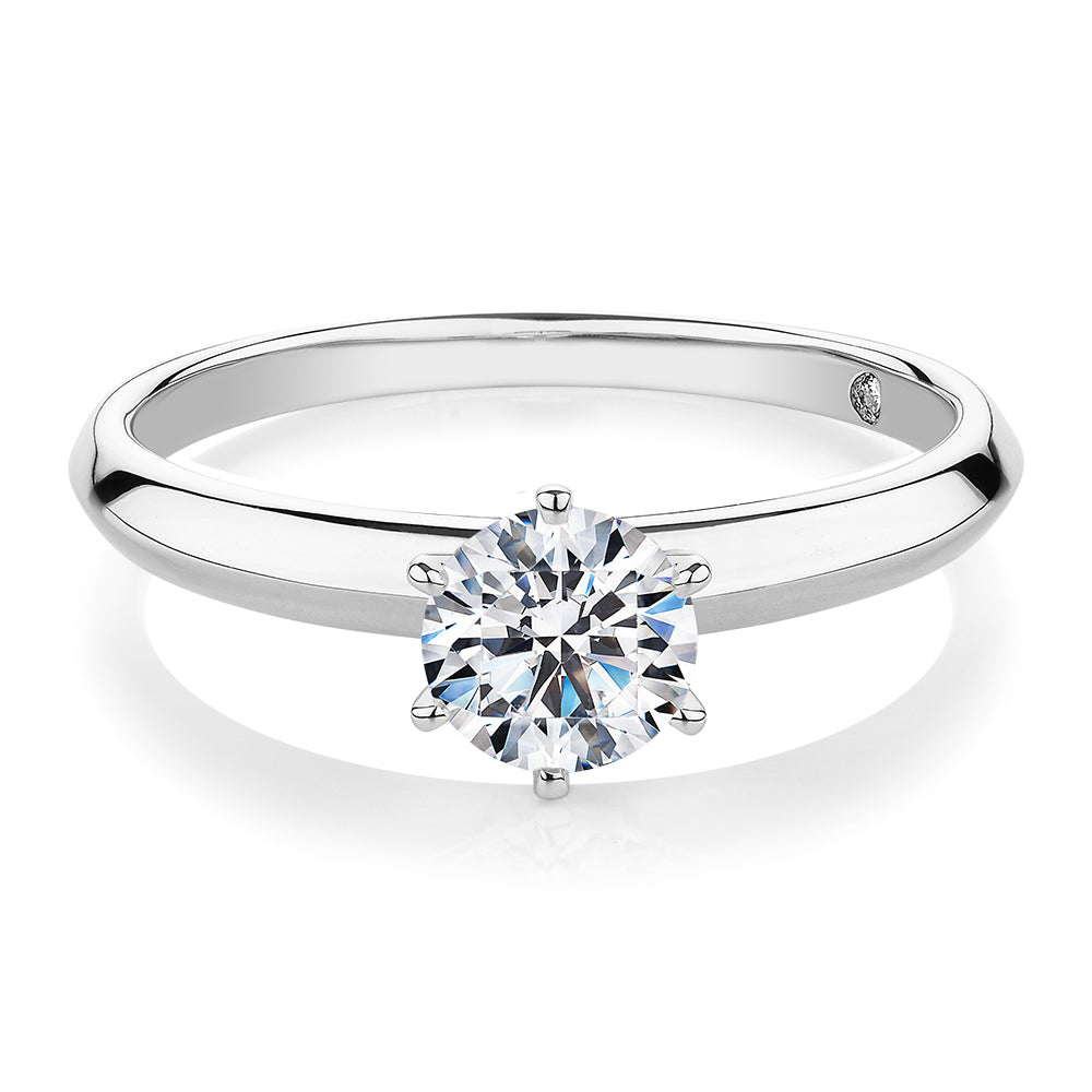 Round Brilliant solitaire engagement ring with 0.70 carat* diamond simulant in 14 carat white gold