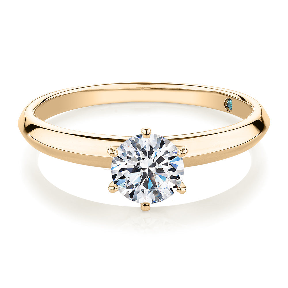 Premium Certified Laboratory Created Diamond, 0.70 carat round brilliant solitaire engagement ring in 14 carat yellow gold