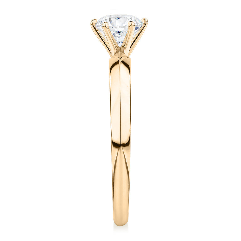 Premium Certified Laboratory Created Diamond, 0.70 carat round brilliant solitaire engagement ring in 14 carat yellow gold