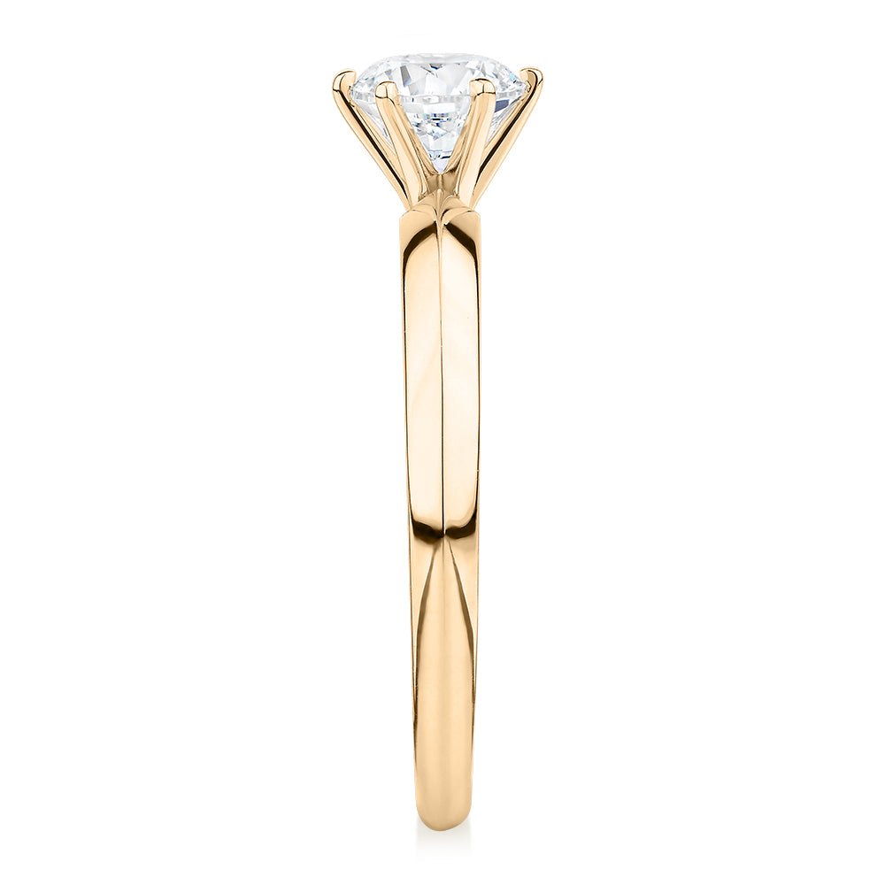 Premium Certified Laboratory Created Diamond, 0.70 carat round brilliant solitaire engagement ring in 14 carat yellow gold