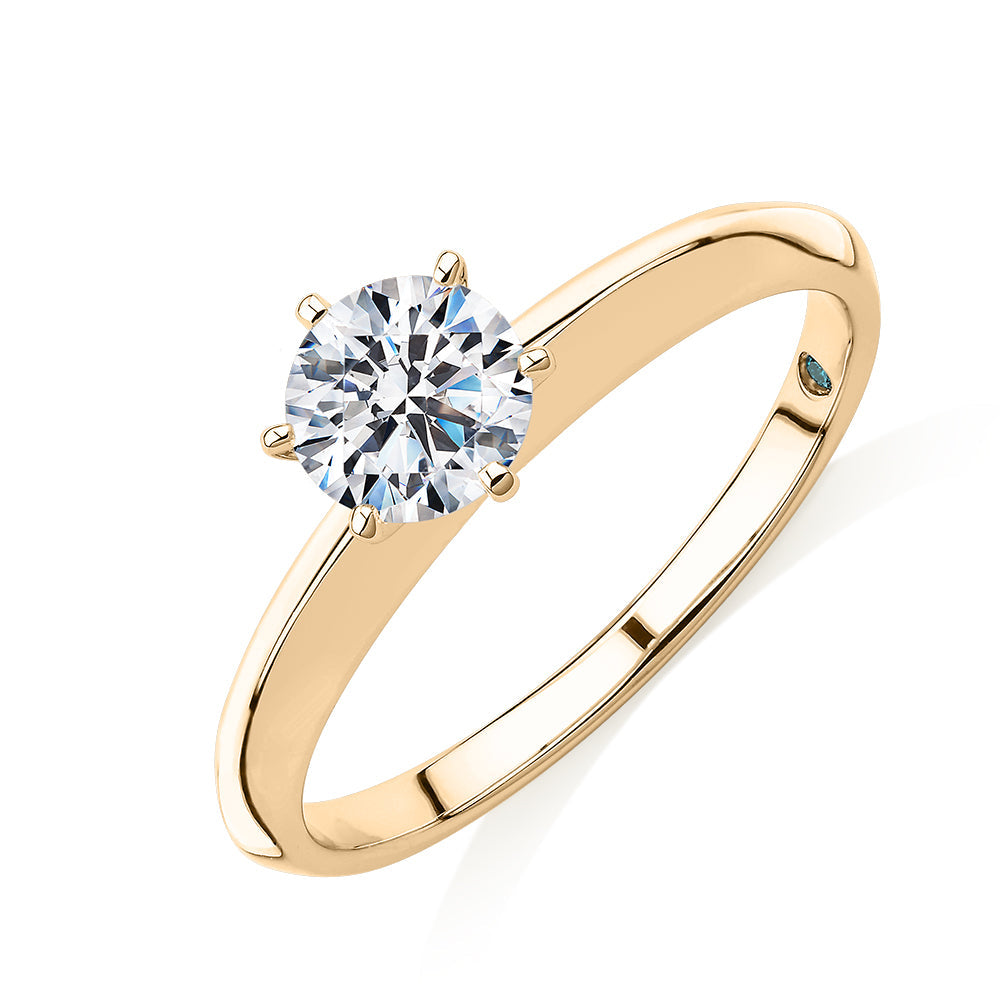 Premium Certified Laboratory Created Diamond, 0.70 carat round brilliant solitaire engagement ring in 14 carat yellow gold