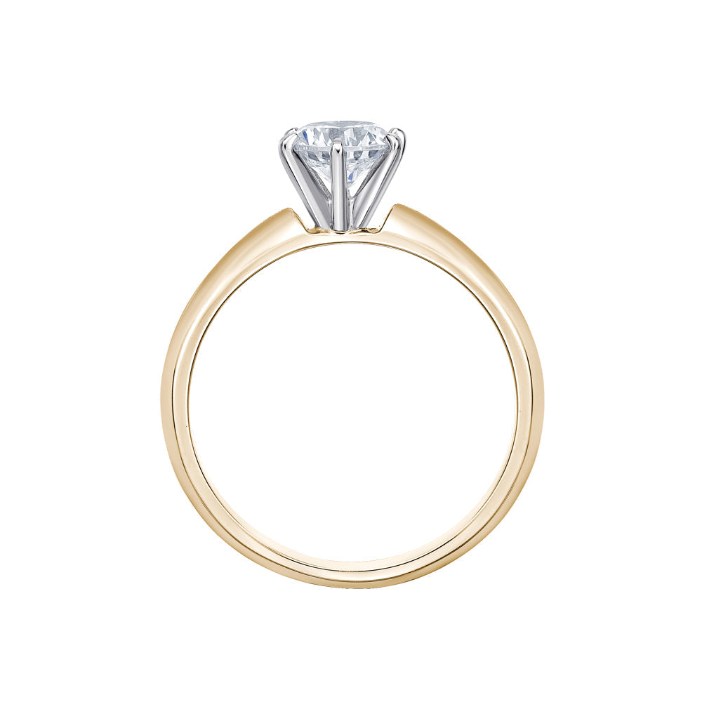 Round Brilliant solitaire engagement ring with 0.75 carat* diamond simulant in 14 carat yellow and white gold