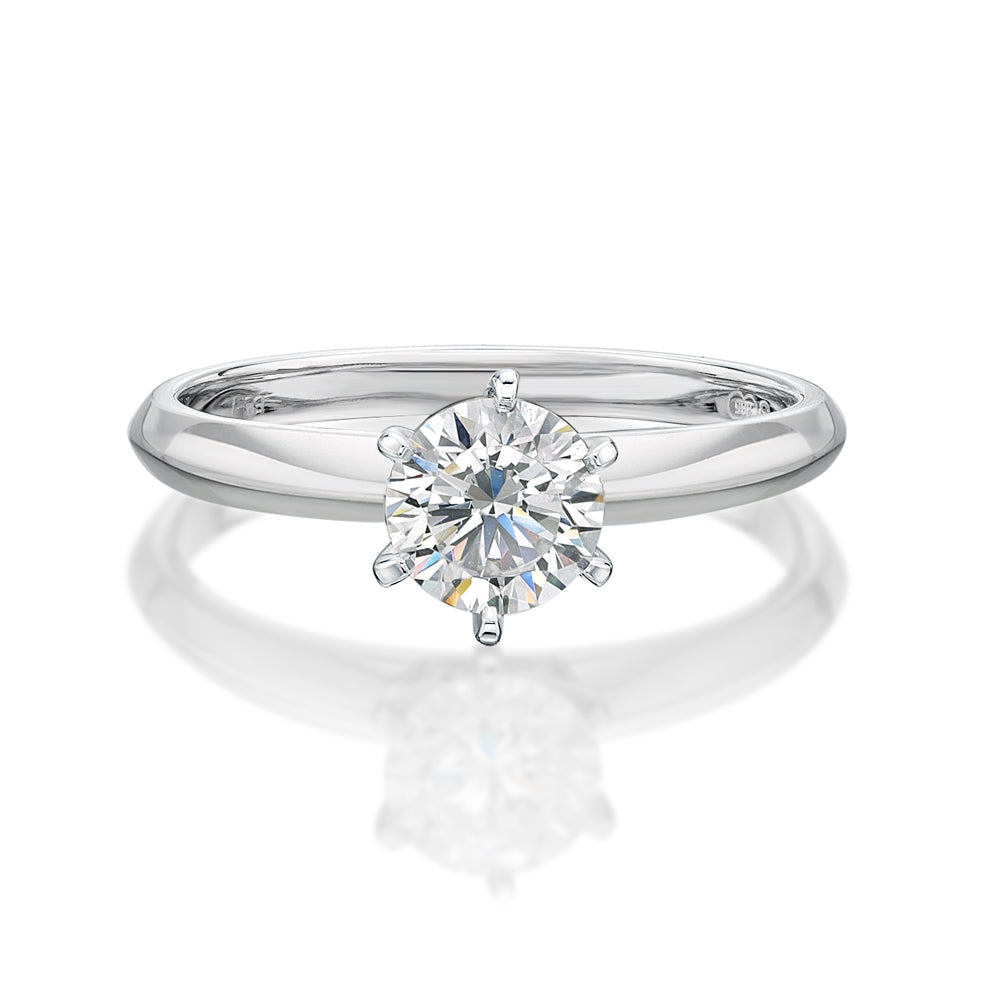 Round Brilliant solitaire engagement ring with 0.75 carat* diamond simulant in 14 carat white gold