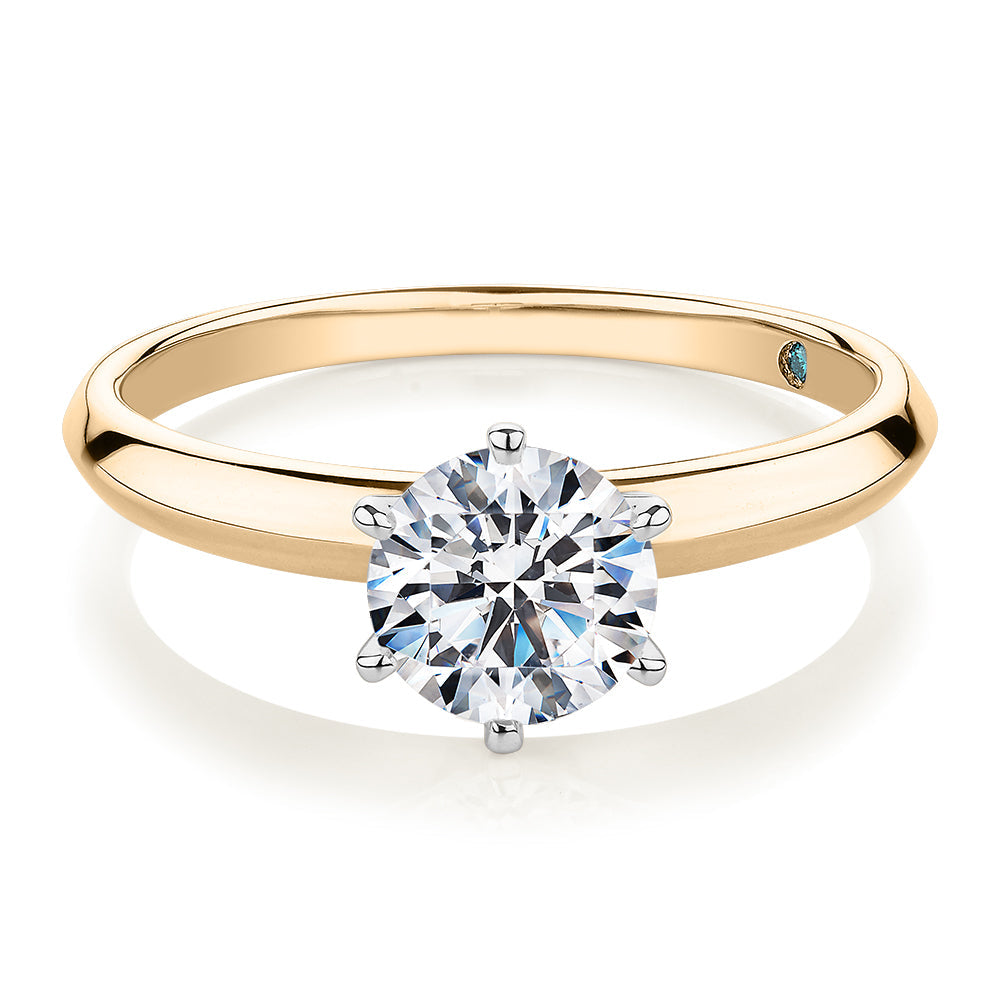 Premium Certified Lab-Grown Diamond, 1.00 carat round brilliant solitaire engagement ring in 14 carat yellow and white gold