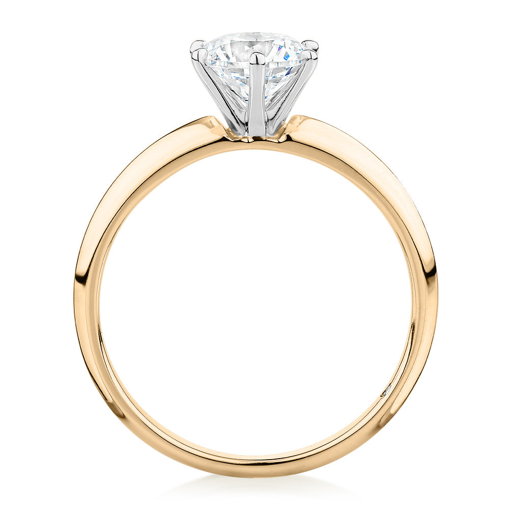 Round Brilliant solitaire engagement ring with 1 carat* diamond simulant in 10 carat yellow and white gold