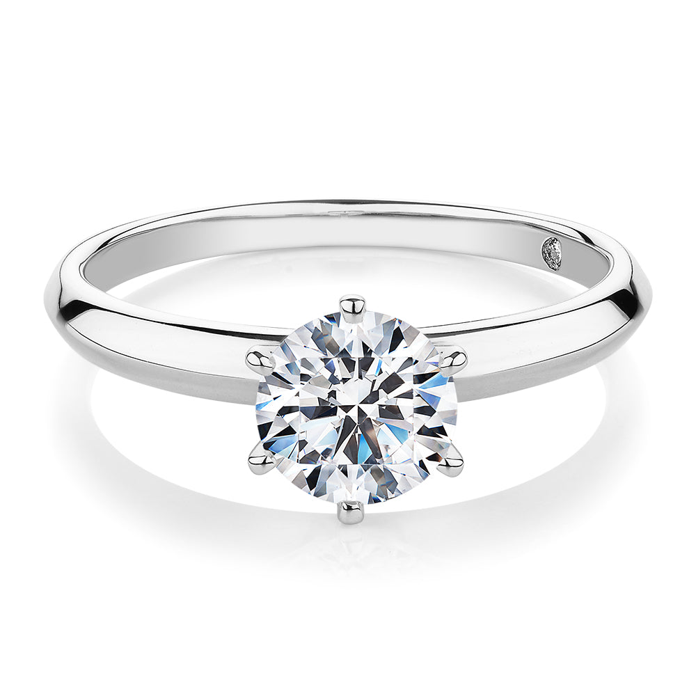 Round Brilliant solitaire engagement ring with 1 carat* diamond simulant in 10 carat white gold